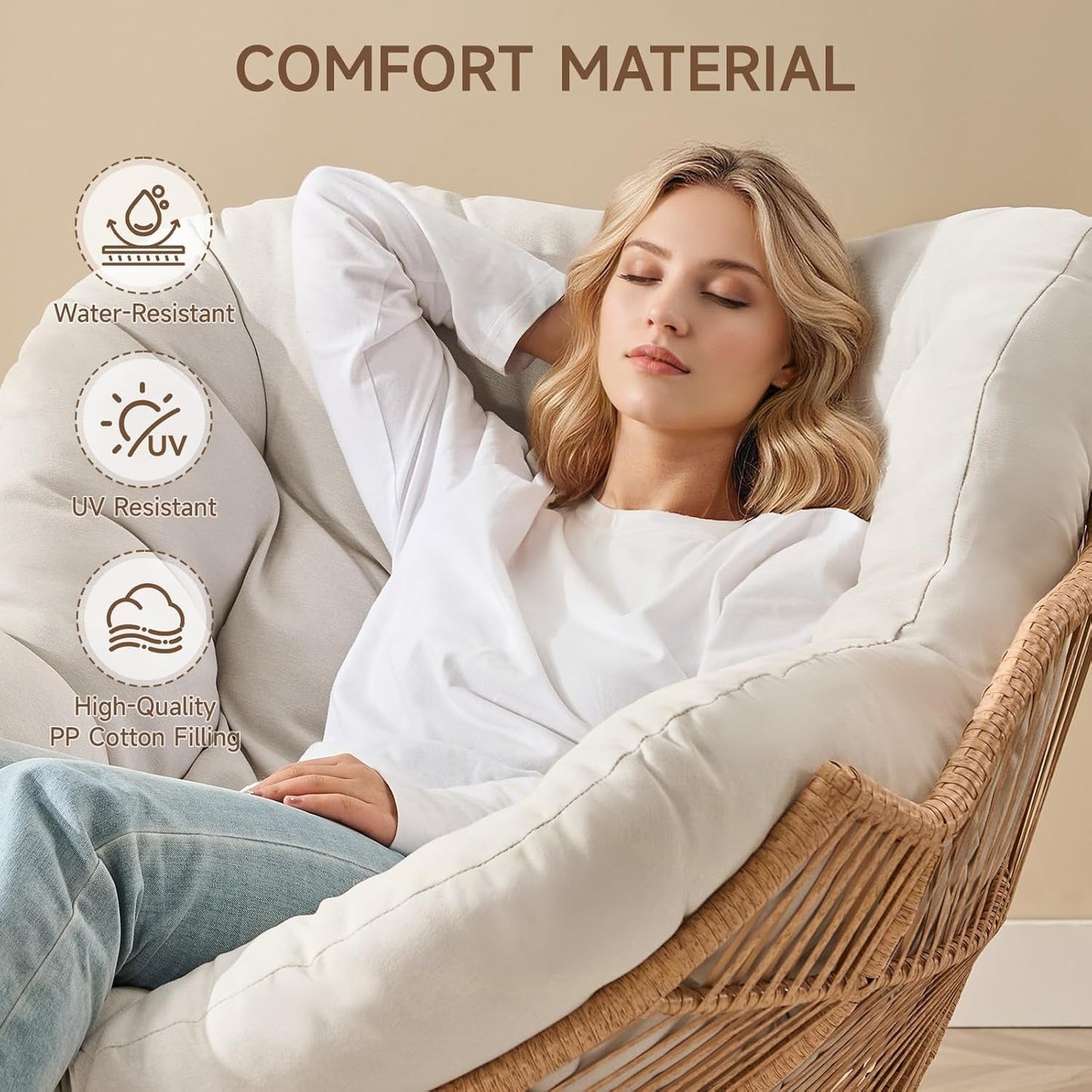 Papasan Rocking Chair with Ottoman, Oversized Indoor Outdoor Rattan Rocker with Padded Cushion