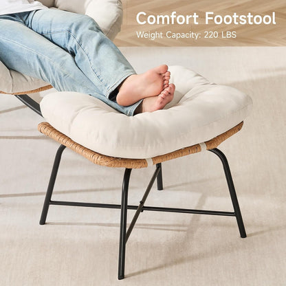 Papasan Rocking Chair with Ottoman, Oversized Indoor Outdoor Rattan Rocker with Padded Cushion