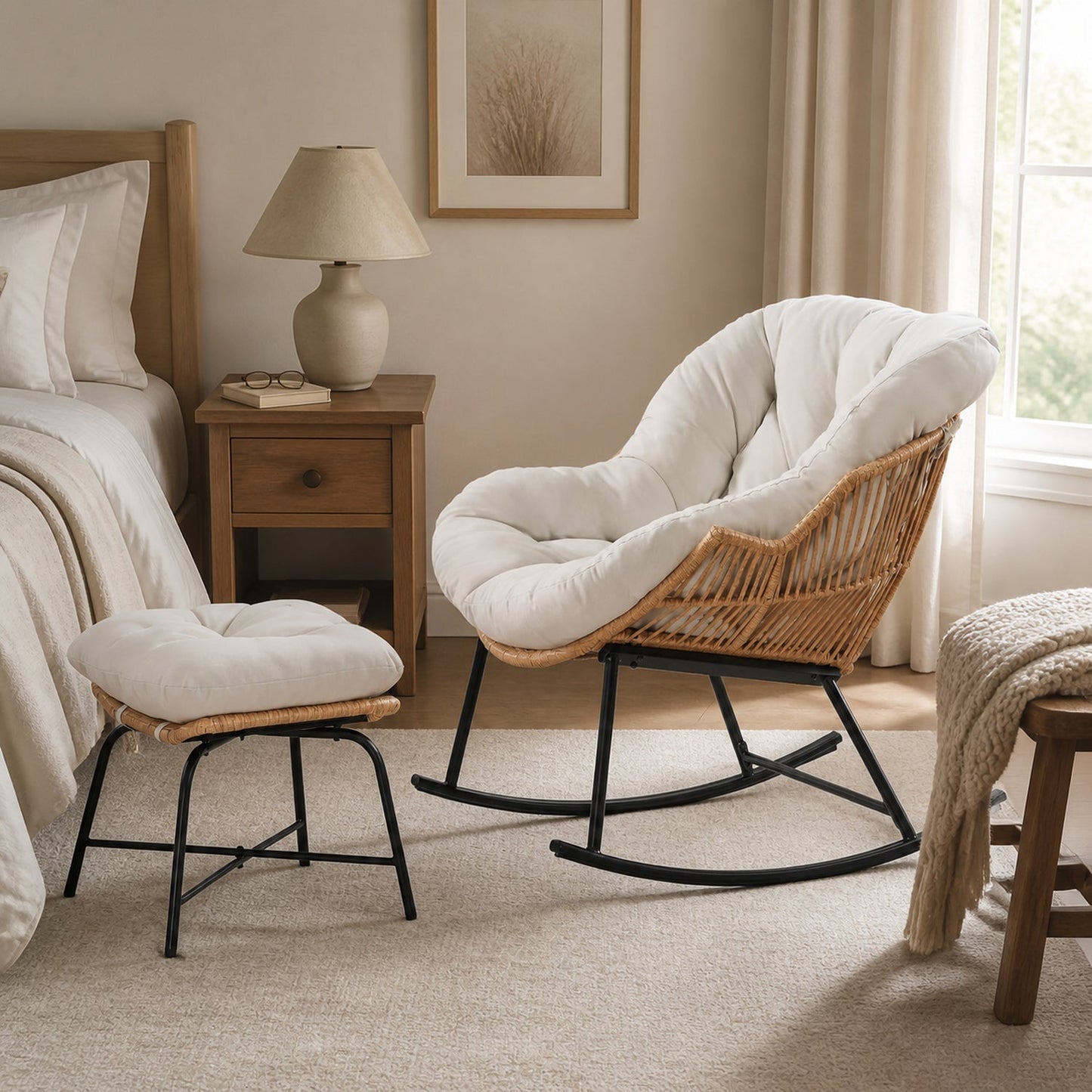 Papasan Rocking Chair with Ottoman, Oversized Indoor Outdoor Rattan Rocker with Padded Cushion