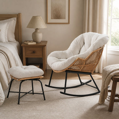 Papasan Rocking Chair with Ottoman, Oversized Indoor Outdoor Rattan Rocker with Padded Cushion