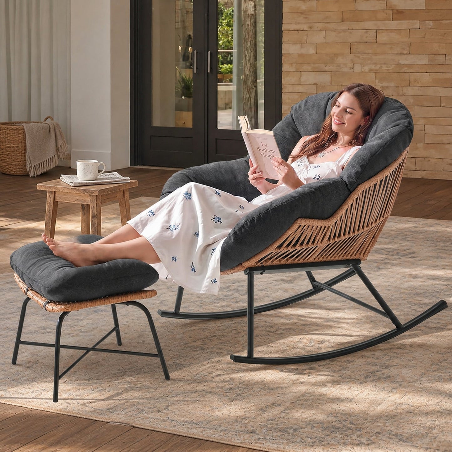 Papasan Rocking Chair with Ottoman, Oversized Indoor Outdoor Rattan Rocker with Padded Cushion