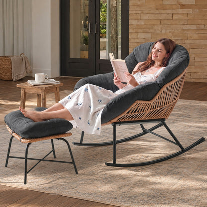Papasan Rocking Chair with Ottoman, Oversized Indoor Outdoor Rattan Rocker with Padded Cushion