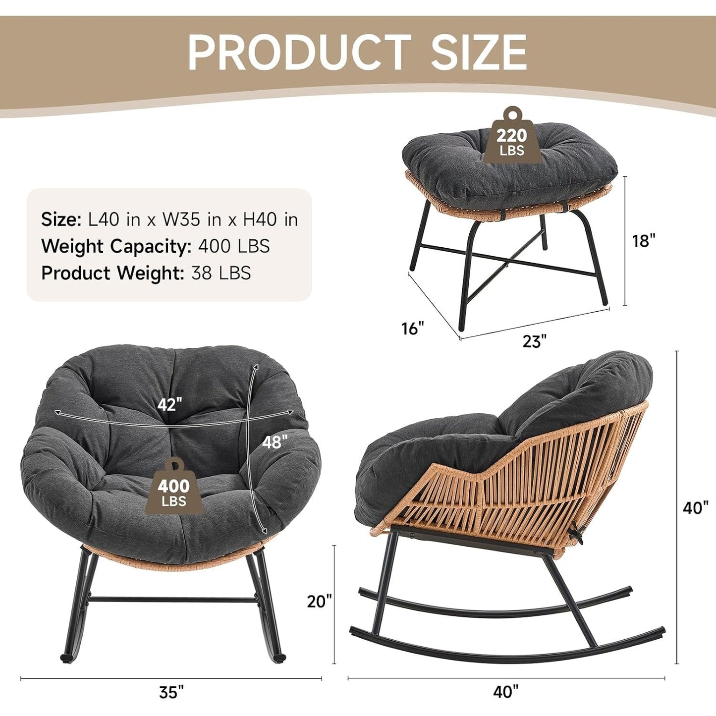 Papasan Rocking Chair with Ottoman, Oversized Indoor Outdoor Rattan Rocker with Padded Cushion
