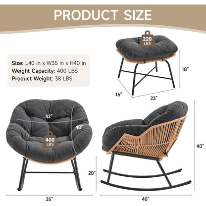 Papasan Rocking Chair with Ottoman, Oversized Indoor Outdoor Rattan Rocker with Padded Cushion