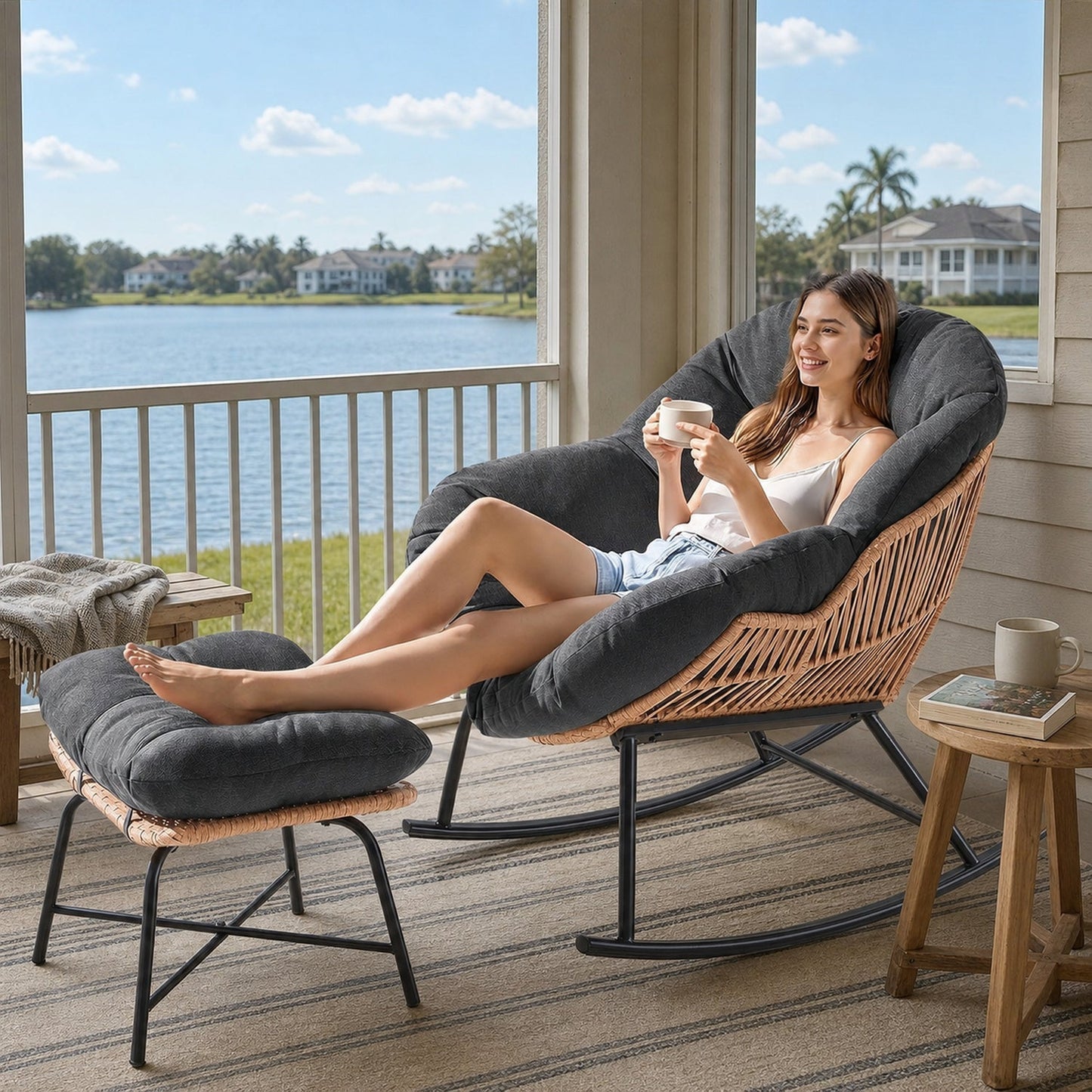 Papasan Rocking Chair with Ottoman, Oversized Indoor Outdoor Rattan Rocker with Padded Cushion