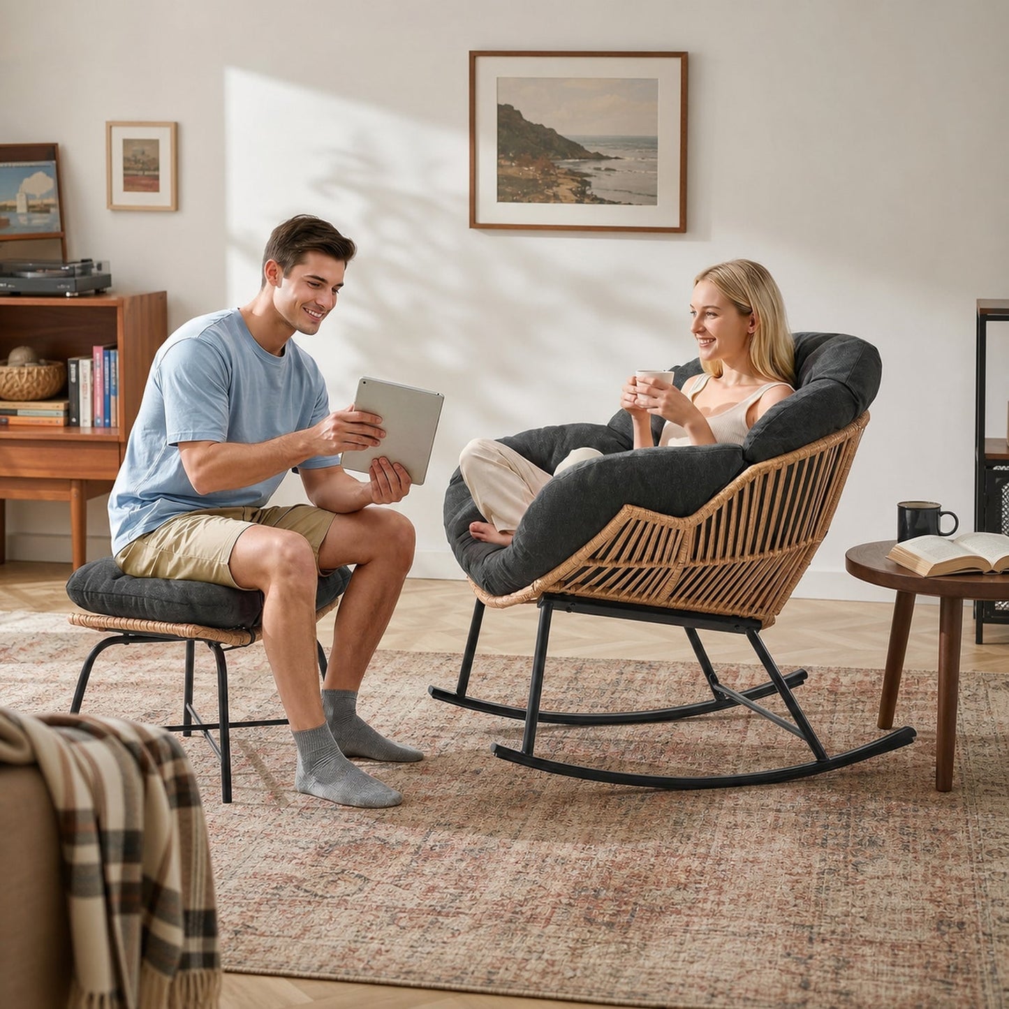 Papasan Rocking Chair with Ottoman, Oversized Indoor Outdoor Rattan Rocker with Padded Cushion