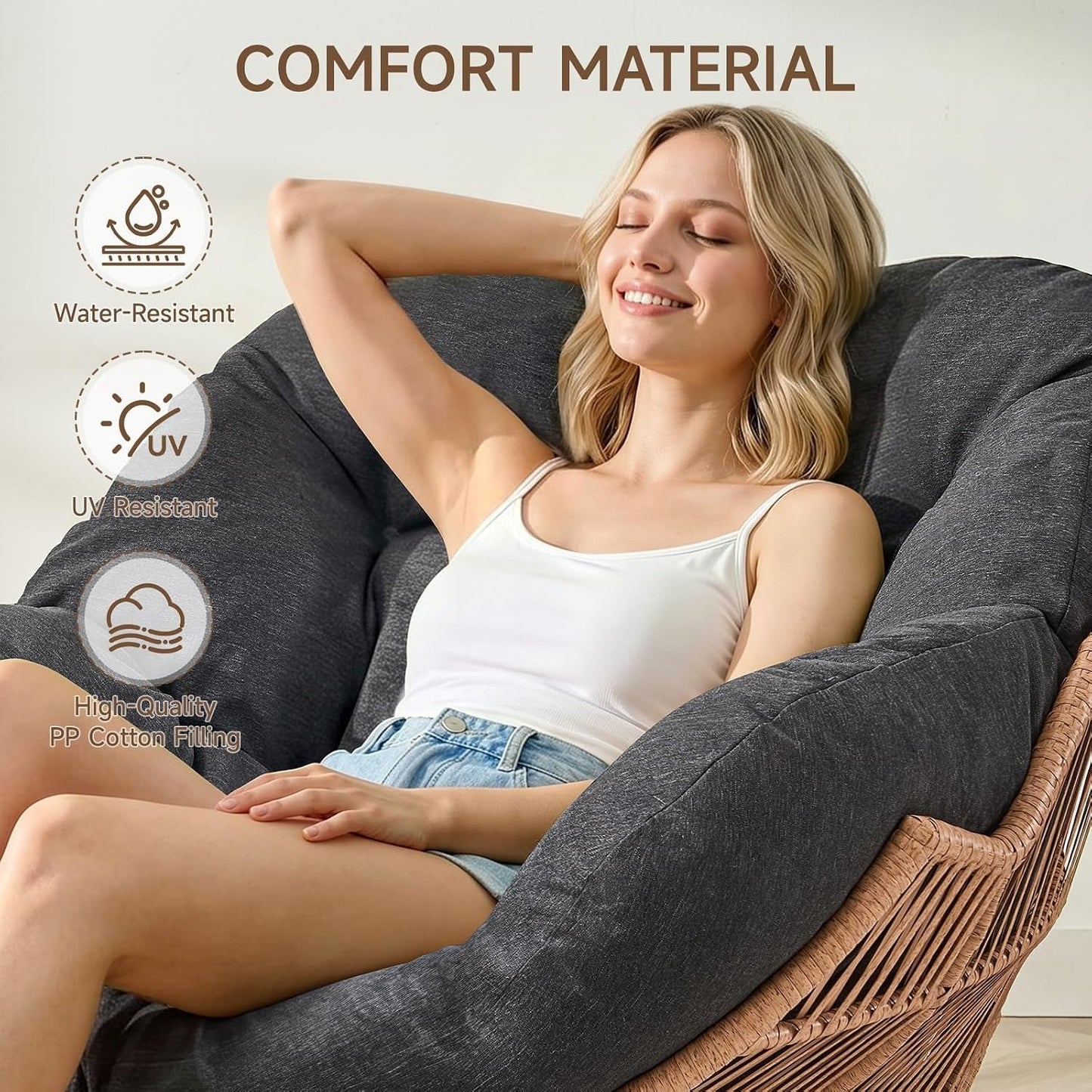Papasan Rocking Chair with Ottoman, Oversized Indoor Outdoor Rattan Rocker with Padded Cushion