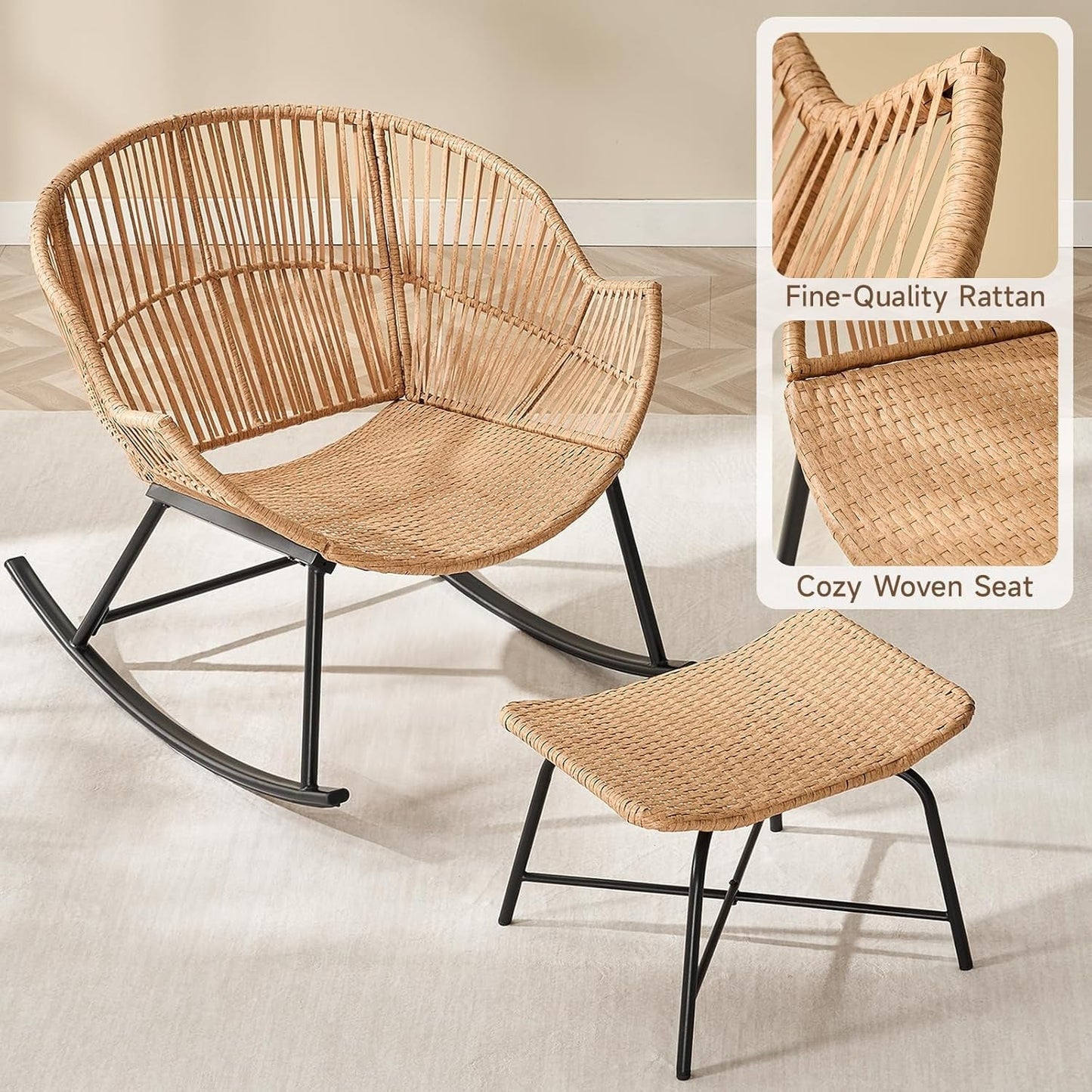 Papasan Rocking Chair with Ottoman, Oversized Indoor Outdoor Rattan Rocker with Padded Cushion