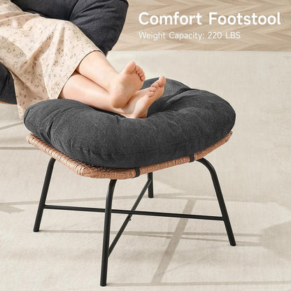 Papasan Rocking Chair with Ottoman, Oversized Indoor Outdoor Rattan Rocker with Padded Cushion