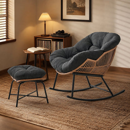 Papasan Rocking Chair with Ottoman, Oversized Indoor Outdoor Rattan Rocker with Padded Cushion