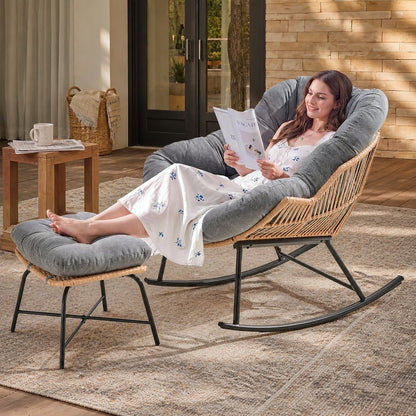 Papasan Rocking Chair with Ottoman, Oversized Indoor Outdoor Rattan Rocker with Padded Cushion