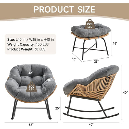 Papasan Rocking Chair with Ottoman, Oversized Indoor Outdoor Rattan Rocker with Padded Cushion