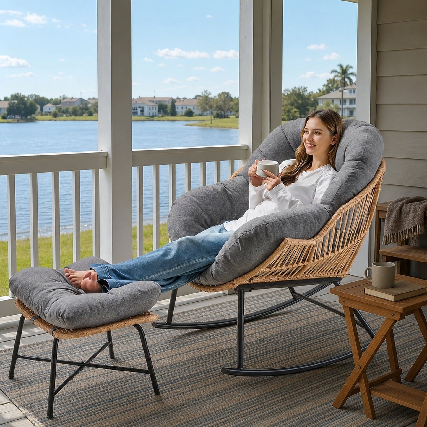 Papasan Rocking Chair with Ottoman, Oversized Indoor Outdoor Rattan Rocker with Padded Cushion