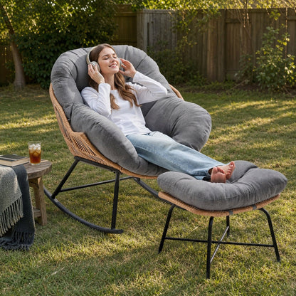 Papasan Rocking Chair with Ottoman, Oversized Indoor Outdoor Rattan Rocker with Padded Cushion