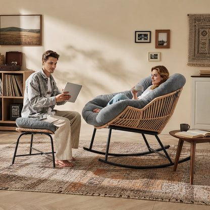 Papasan Rocking Chair with Ottoman, Oversized Indoor Outdoor Rattan Rocker with Padded Cushion