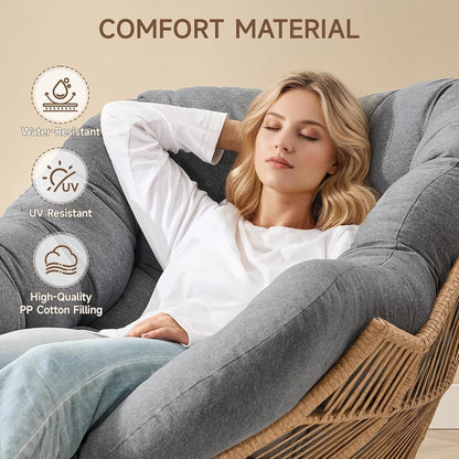 Papasan Rocking Chair with Ottoman, Oversized Indoor Outdoor Rattan Rocker with Padded Cushion