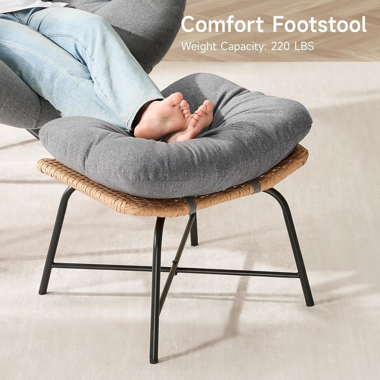 Papasan Rocking Chair with Ottoman, Oversized Indoor Outdoor Rattan Rocker with Padded Cushion