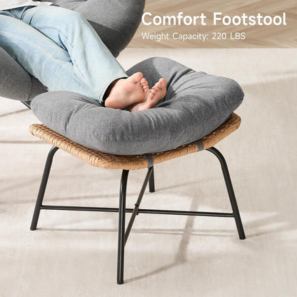 Papasan Rocking Chair with Ottoman, Oversized Indoor Outdoor Rattan Rocker with Padded Cushion