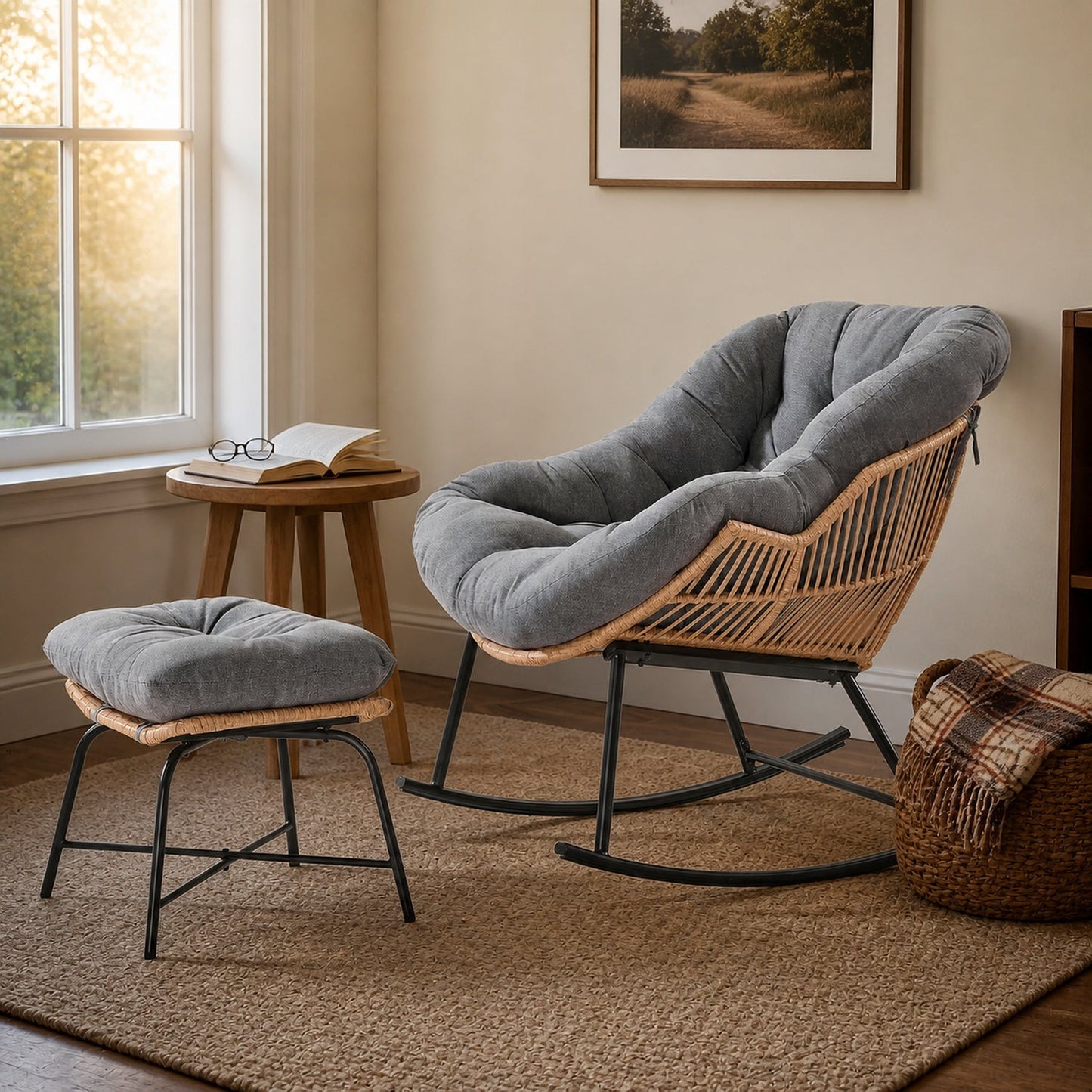 Papasan Rocking Chair with Ottoman, Oversized Indoor Outdoor Rattan Rocker with Padded Cushion