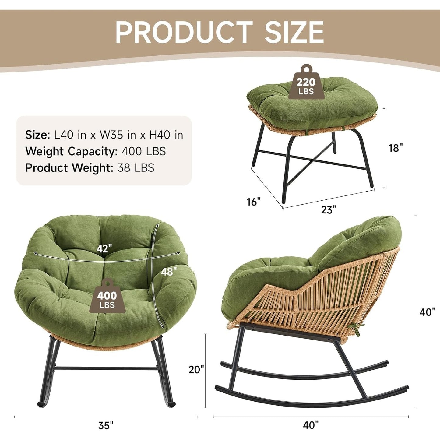 Papasan Rocking Chair with Ottoman, Oversized Indoor Outdoor Rattan Rocker with Padded Cushion