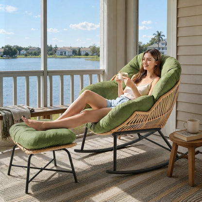 Papasan Rocking Chair with Ottoman, Oversized Indoor Outdoor Rattan Rocker with Padded Cushion