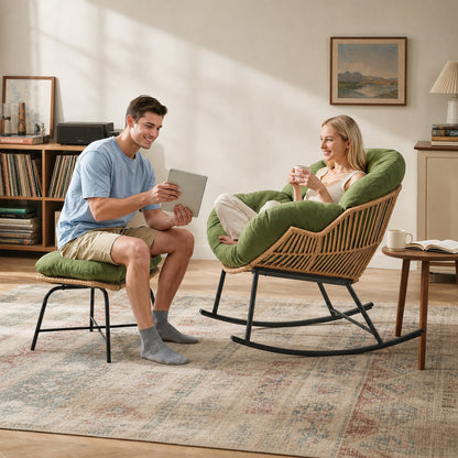 Papasan Rocking Chair with Ottoman, Oversized Indoor Outdoor Rattan Rocker with Padded Cushion