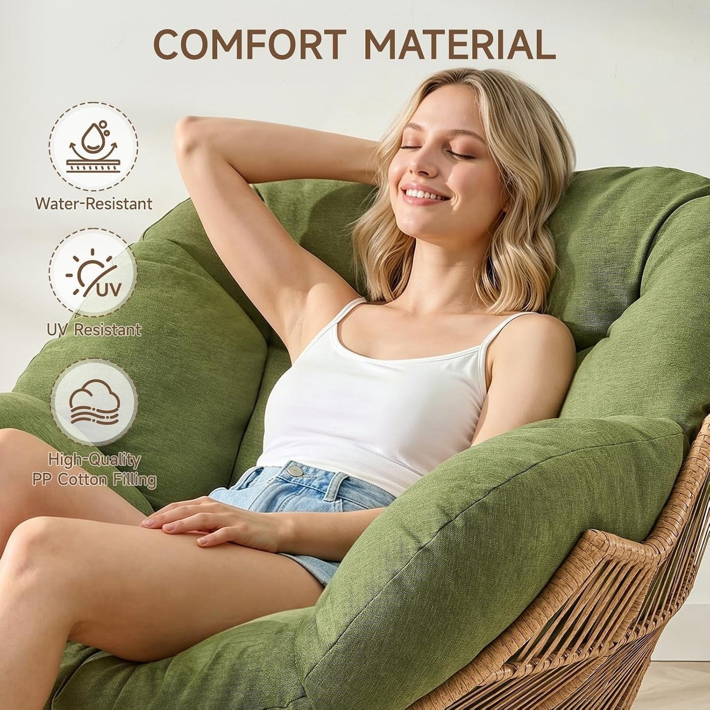 Papasan Rocking Chair with Ottoman, Oversized Indoor Outdoor Rattan Rocker with Padded Cushion