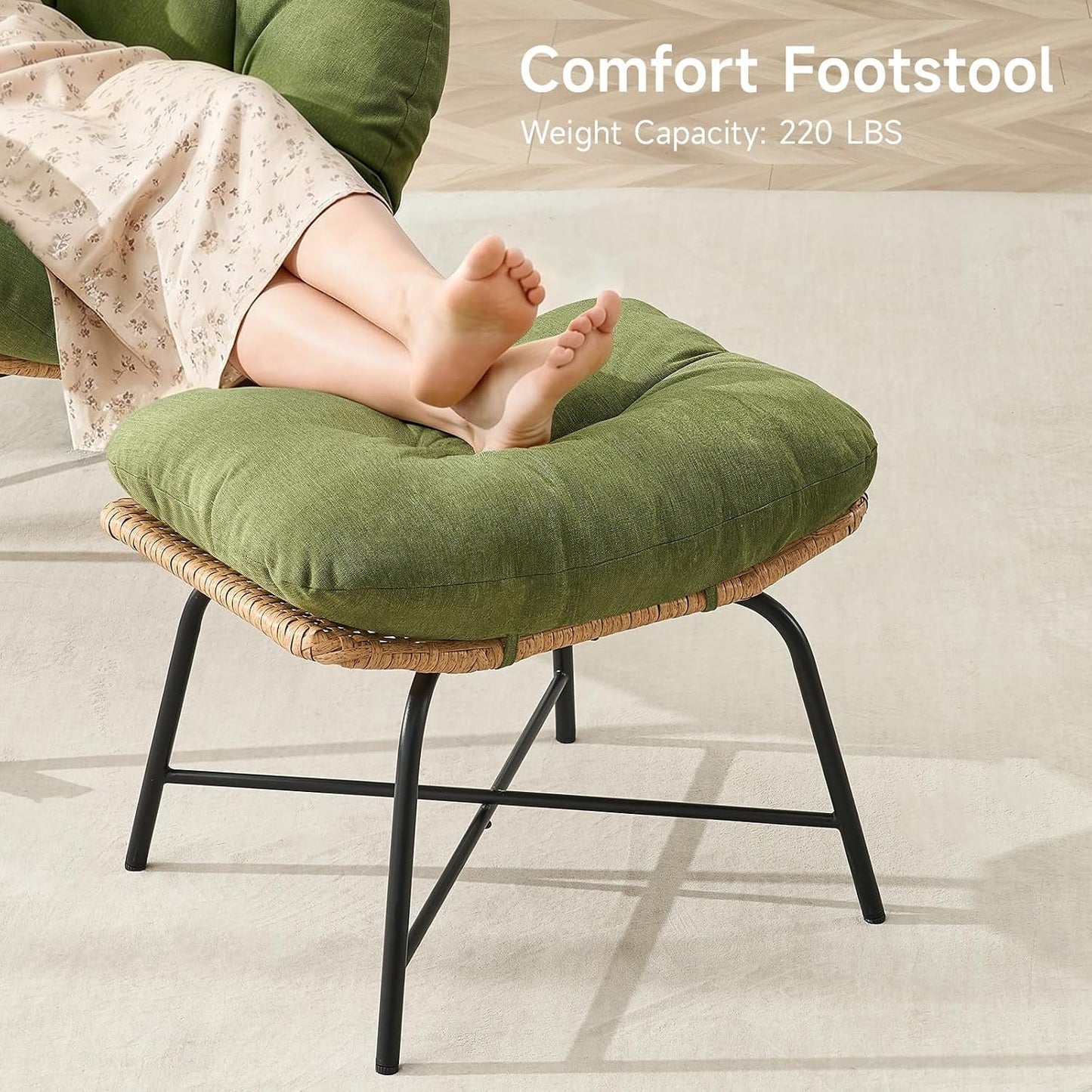 Papasan Rocking Chair with Ottoman, Oversized Indoor Outdoor Rattan Rocker with Padded Cushion