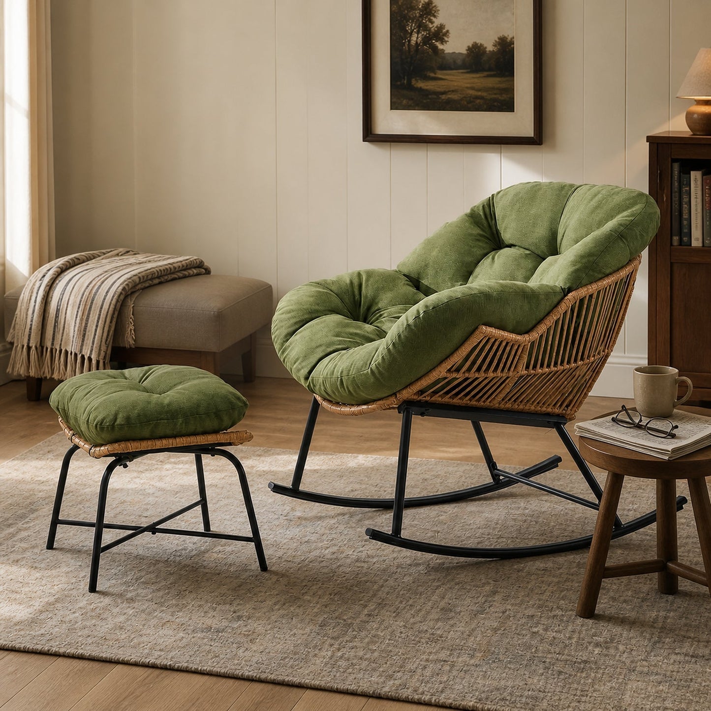 Papasan Rocking Chair with Ottoman, Oversized Indoor Outdoor Rattan Rocker with Padded Cushion