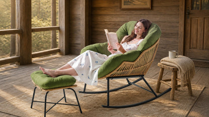Papasan Rocking Chair with Ottoman, Oversized Indoor Outdoor Rattan Rocker with Padded Cushion
