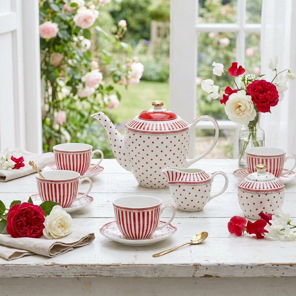 Red Polka Dot & Stripe Ceramic Afternoon Tea Set
