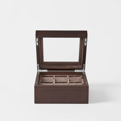 Grove 6 Slot Wooden Watch Box - Dark Walnut Wood - Glass Lid
