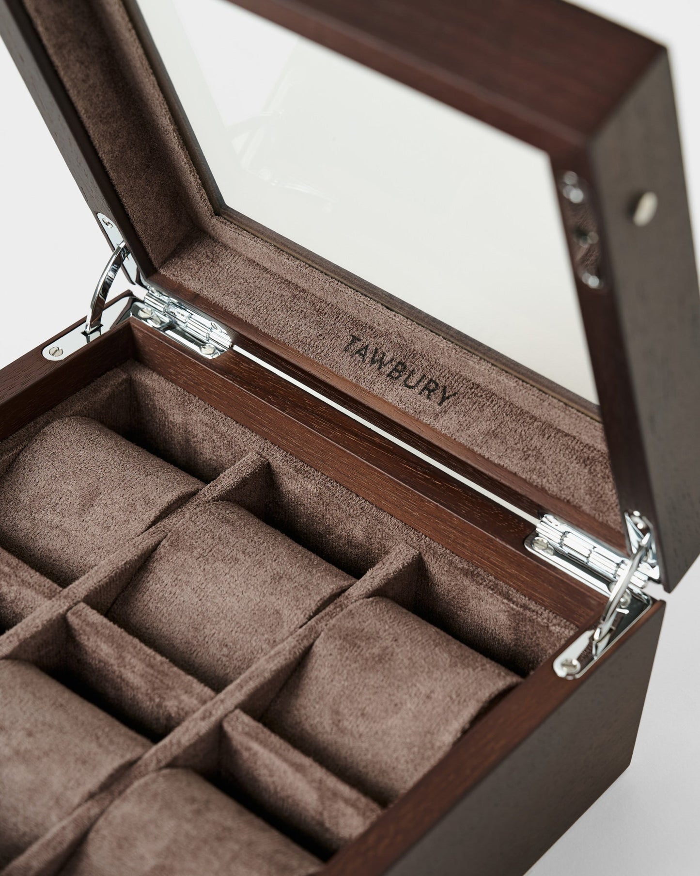 Grove 6 Slot Wooden Watch Box - Dark Walnut Wood - Glass Lid