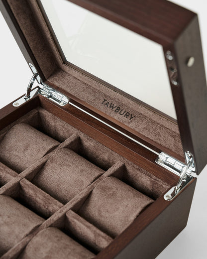 Grove 6 Slot Wooden Watch Box - Dark Walnut Wood - Glass Lid
