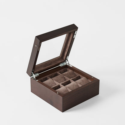 Grove 6 Slot Wooden Watch Box - Dark Walnut Wood - Glass Lid