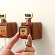 Wooden Key Holder with Funny Face Expression – HOME/OUT Toggle, Wall-Mounted, 3 Styles