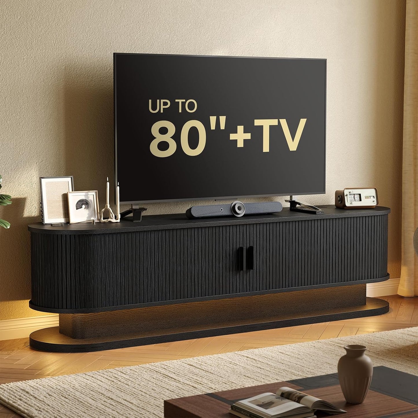 70" Fluted TV Stand for 80 Inch TV, Entertainment Center with Power Outlet & LED Lights