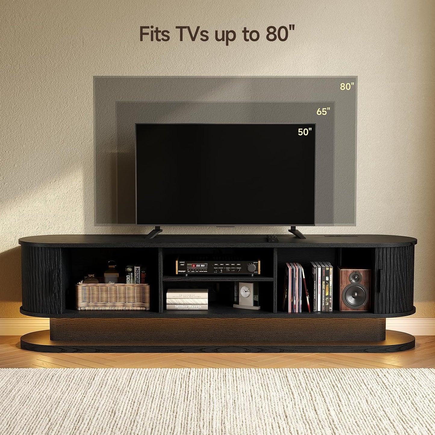 70" Fluted TV Stand for 80 Inch TV, Entertainment Center with Power Outlet & LED Lights