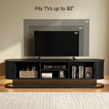 70" Fluted TV Stand for 80 Inch TV, Entertainment Center with Power Outlet & LED Lights