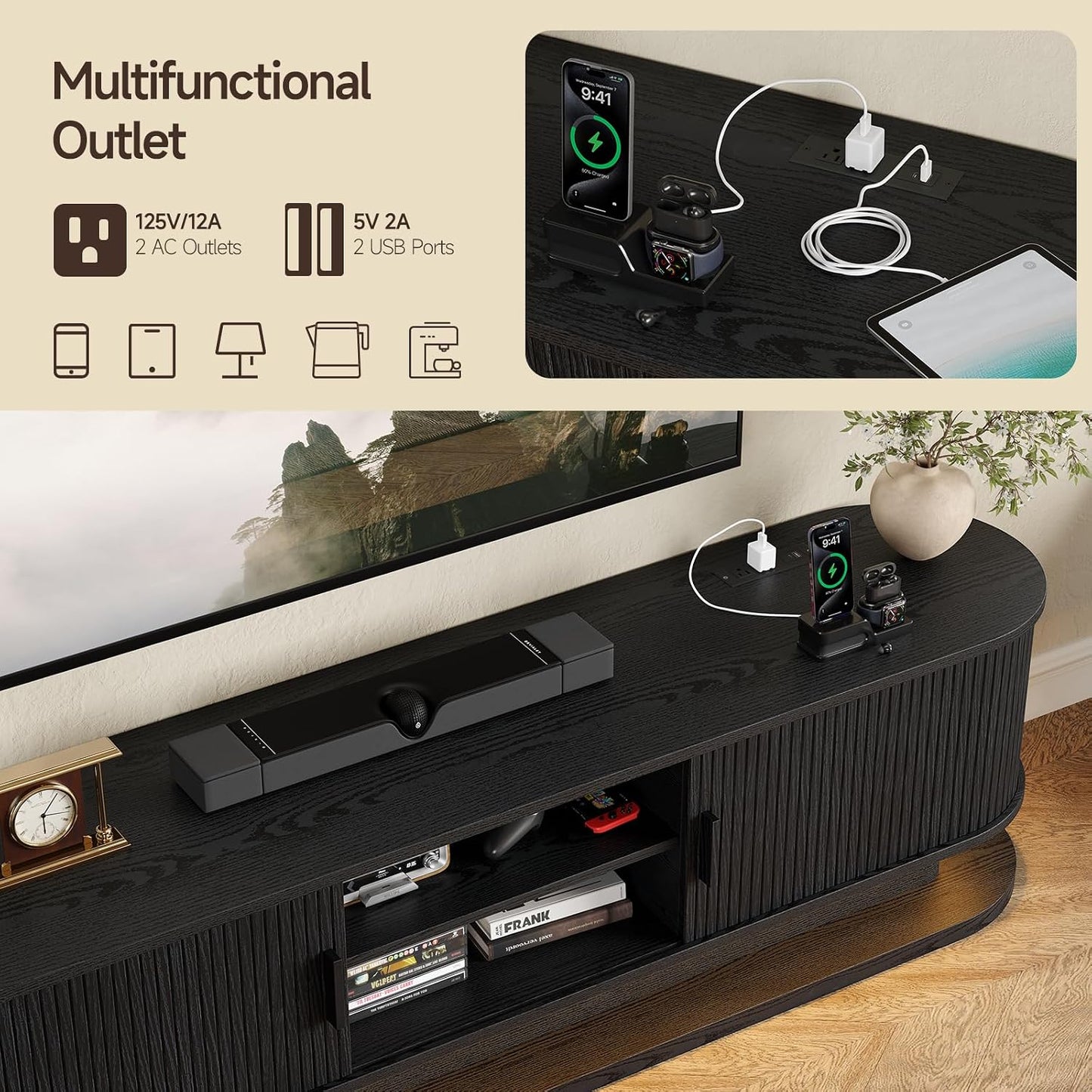 70" Fluted TV Stand for 80 Inch TV, Entertainment Center with Power Outlet & LED Lights
