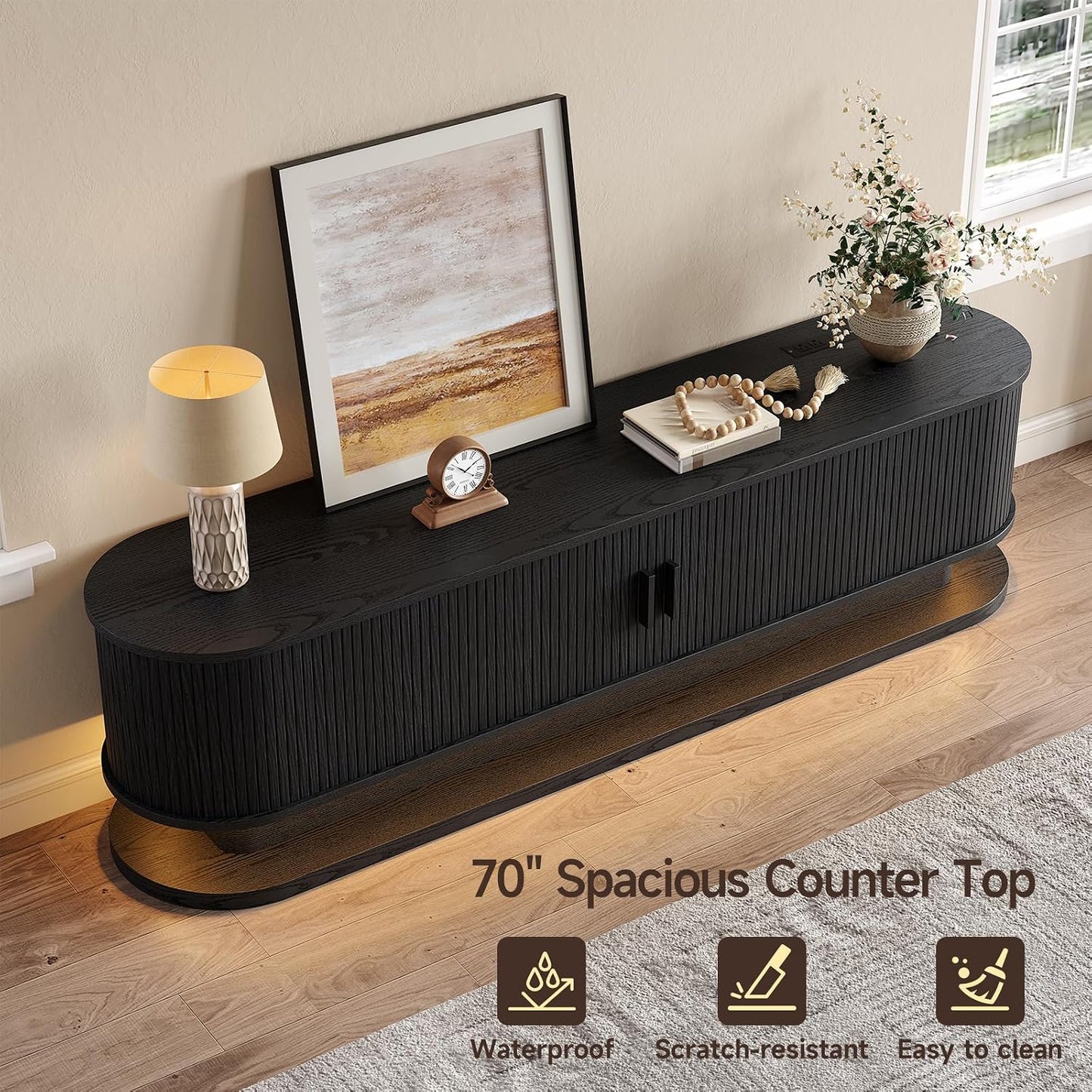 70" Fluted TV Stand for 80 Inch TV, Entertainment Center with Power Outlet & LED Lights
