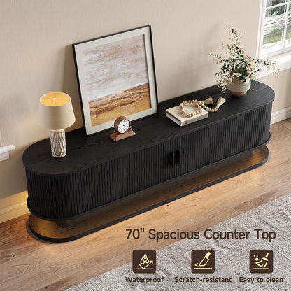 70" Fluted TV Stand for 80 Inch TV, Entertainment Center with Power Outlet & LED Lights