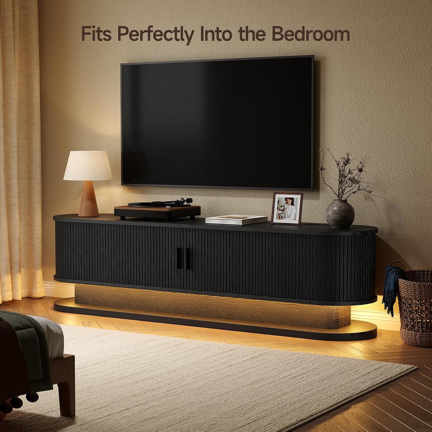 70" Fluted TV Stand for 80 Inch TV, Entertainment Center with Power Outlet & LED Lights