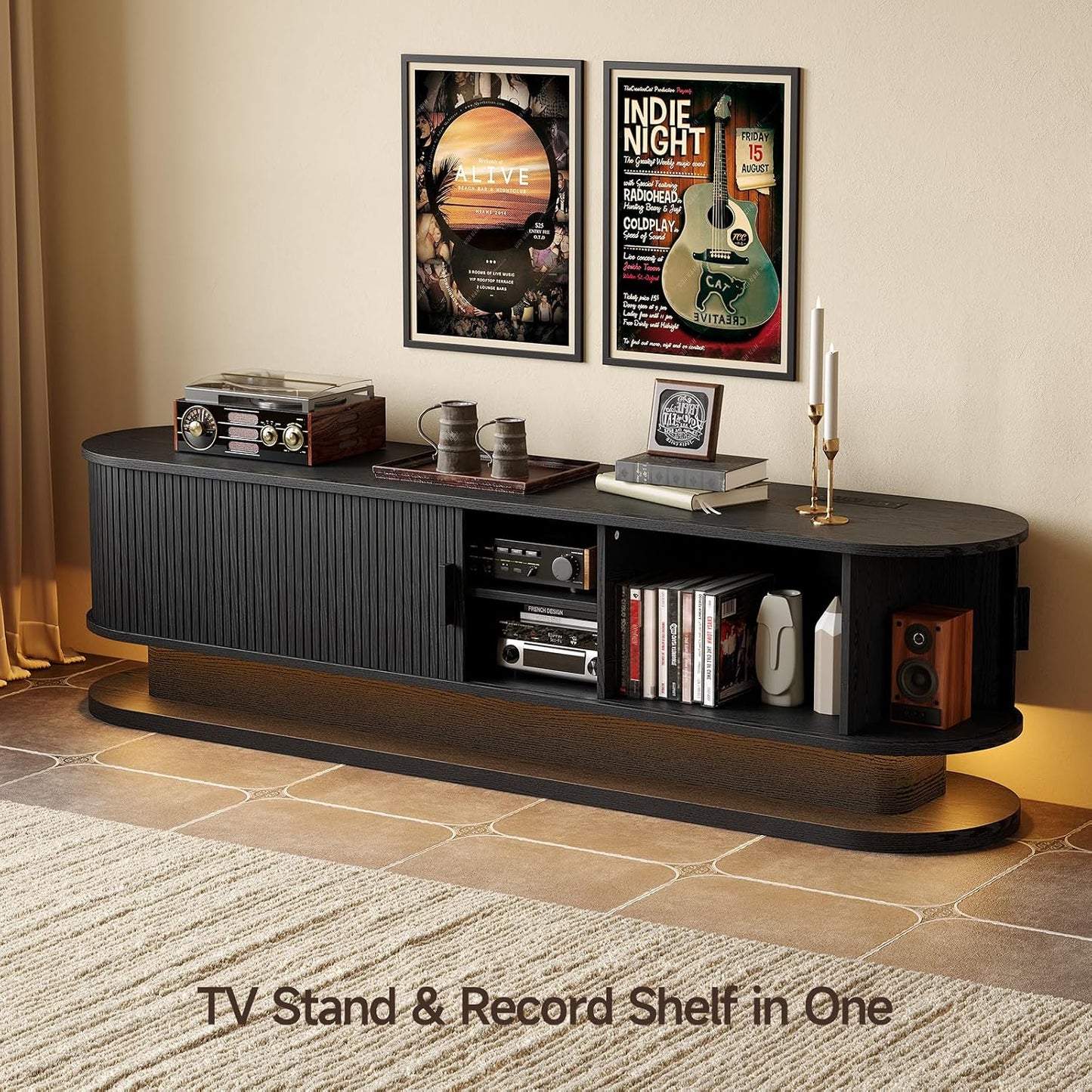 70" Fluted TV Stand for 80 Inch TV, Entertainment Center with Power Outlet & LED Lights