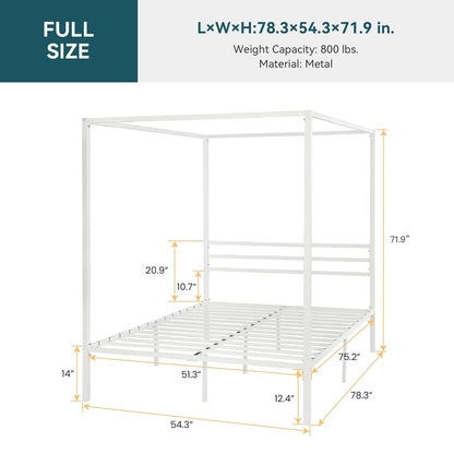 Canopy Bed Frame with Heavy-Duty Metal Slats, Four-Poster Metal Bed Frame with Under-Bed Storage, No Box Spring Needed