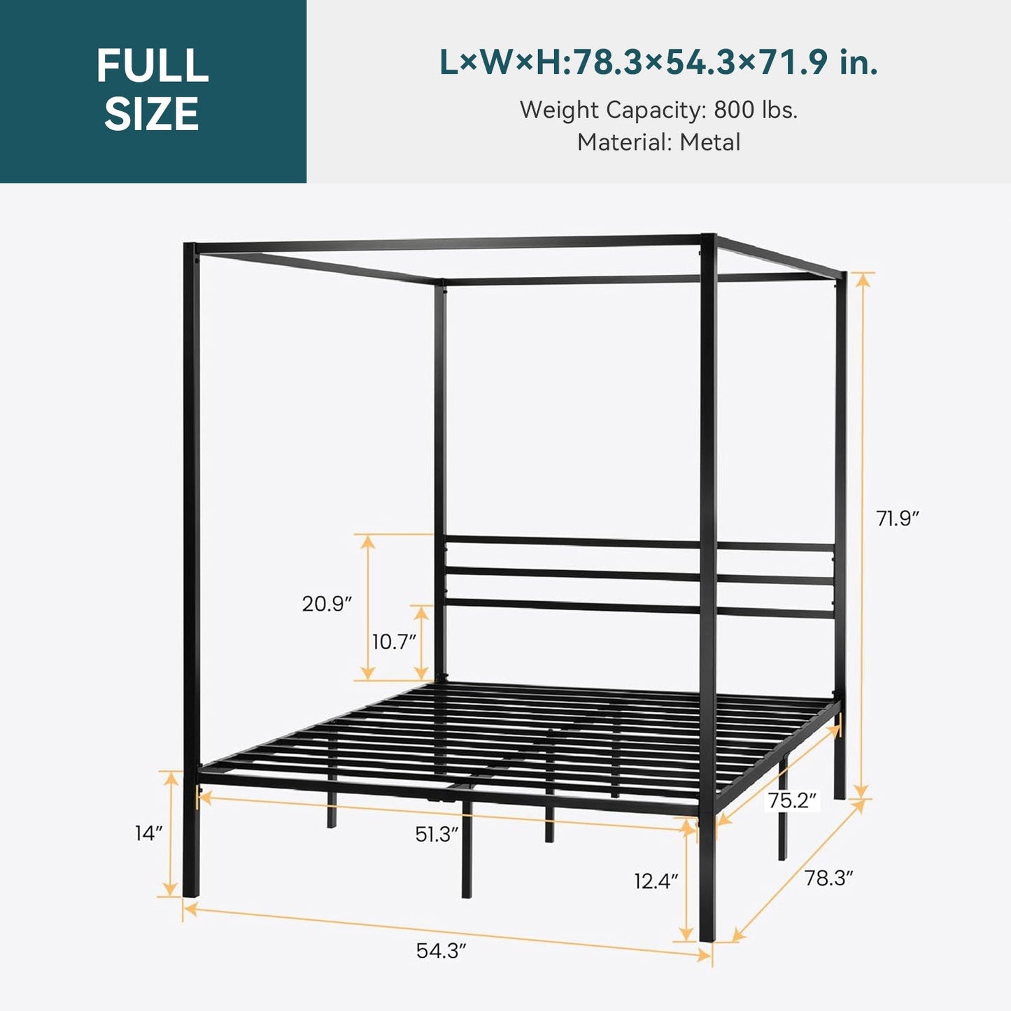 Canopy Bed Frame with Heavy-Duty Metal Slats, Four-Poster Metal Bed Frame with Under-Bed Storage, No Box Spring Needed