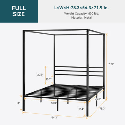 Canopy Bed Frame with Heavy-Duty Metal Slats, Four-Poster Metal Bed Frame with Under-Bed Storage, No Box Spring Needed