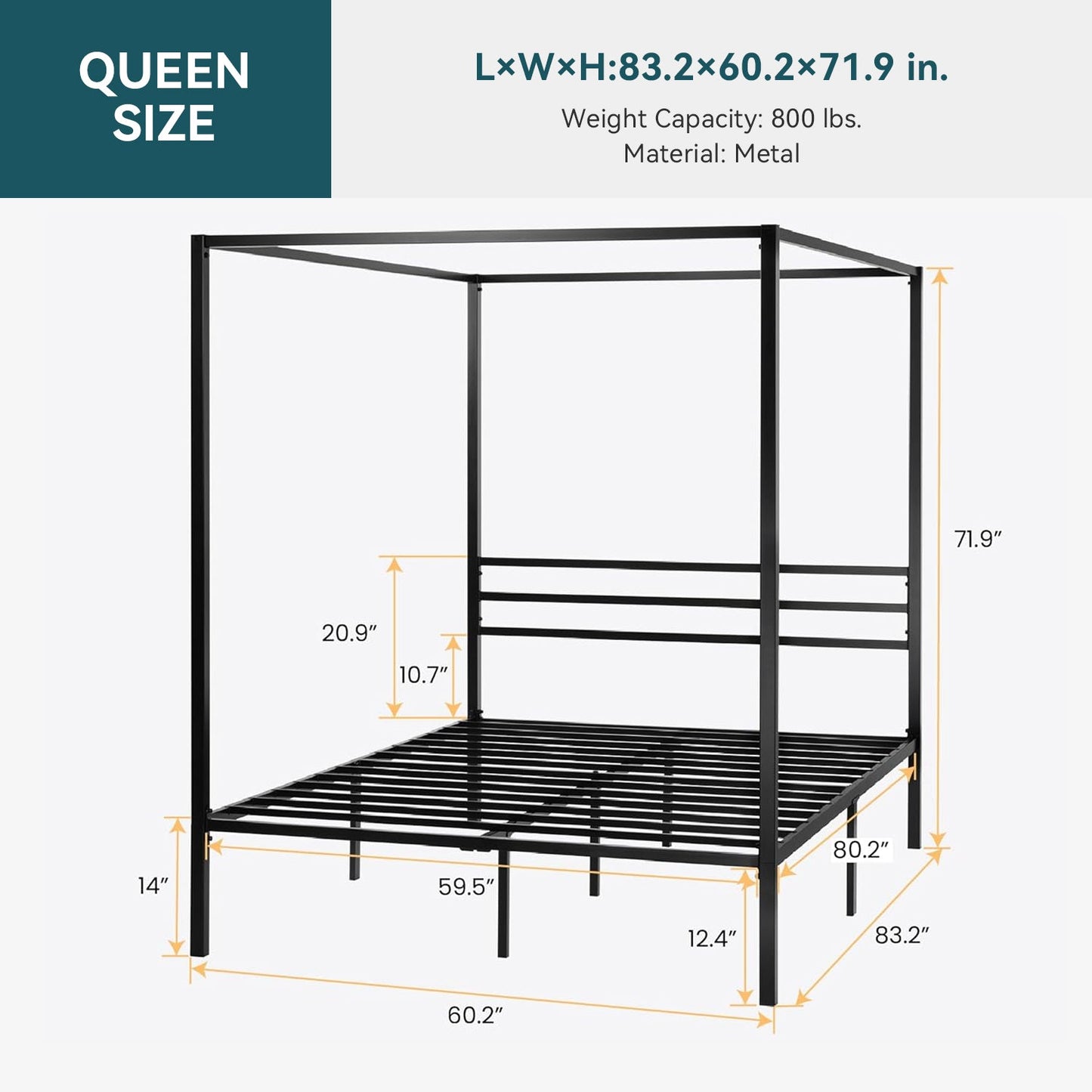 Canopy Bed Frame with Heavy-Duty Metal Slats, Four-Poster Metal Bed Frame with Under-Bed Storage, No Box Spring Needed