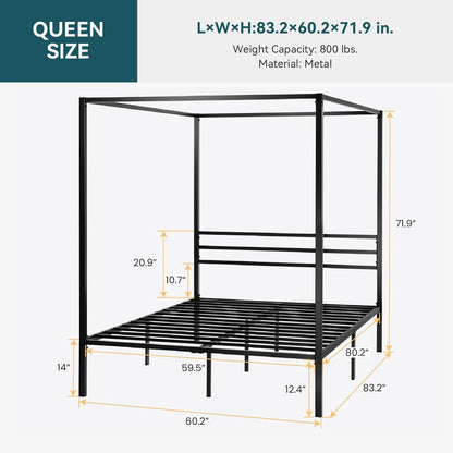 Canopy Bed Frame with Heavy-Duty Metal Slats, Four-Poster Metal Bed Frame with Under-Bed Storage, No Box Spring Needed