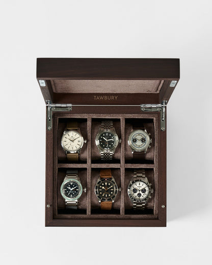 Grove 6 Slot Wooden Watch Box - Dark Walnut Wood - Closed Lid